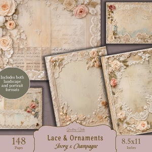 Vintage Lace Paper Pack, Ivory Lace, Decorative Paper Pack, Antique Printable Paper, Scrapbook Lace, Shabby Journal, Digital ephemera pack