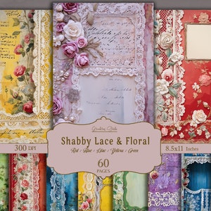 Feuilles de collage shabby chic chic, dentelle, feuille de collage, fleurs imprimables, papier numérique, scrapbooking, pages florales, rouge bleu vert lilas jaune
