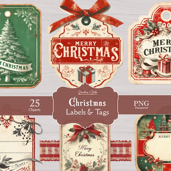 Cliparts Vintage Christmas Labels, Transparent png, Clipart Retro Tags, Labels ideal for gifts, Decorative labels, Digital Download
