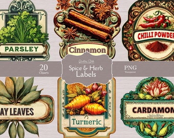 Printable Spice Labels, Herb Labels, Seasoning Labels, Vintage Tags for Jars, Journal Ephemera, Instant Digital Download, Commercial Use