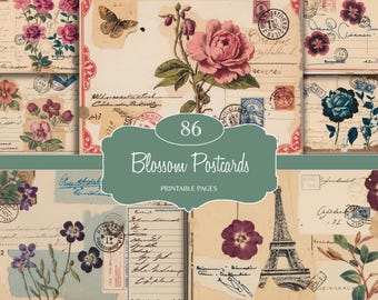 Printable Vintage Floral Postcard, Shabby Rose, Aged Paper, Romantic Postcard, Scrapbook Paper, Journal Insert, Junk Journal, Digital