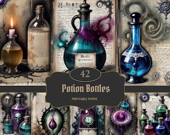 Potion Bottles Junk Journal Pages, Dark Gothic Scrapbook Page, Witch Collage Sheet, Magic Bottle Journal Page, Printable Paper, Dark Fantasy