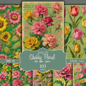 Papel digital floral vintage com temas de jardins shabby chic, diários de objetos antigos, scrapbooking e artesanato botânico. Download instantâneo