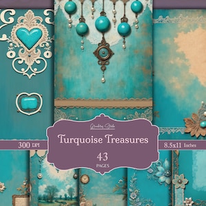 Pagine di diario Shabby Antique Turquoise Junk, Shabby Chic verde acqua, pizzo, carta vittoriana, pagine per scrapbooking, carta digitale, carta stampabile