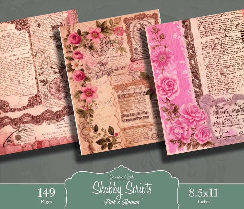 Vintage Script Junk Journal Backgrounds, Shabby Chic Floral Printable ...