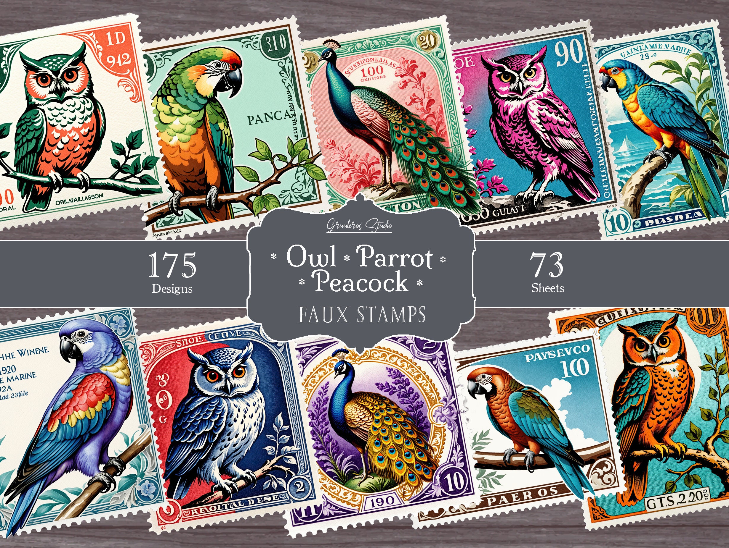 Printable Fake Stamps, Owl Stamps, Parrot Stamps, Peacock Stamps, Junk ...