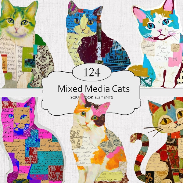 Mixed Media Cats, PNG & Sheets, Artistic Cat Cutouts, Whimsical Feline Scrapbook Elements, Junk Journal Supplies, Cat Lover Craft Kit