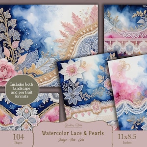 Aquarell Spitze Junk Journal Kit, Shabby Chic Indigo und Rosa Collage Sheets, druckbares digitales Papier, Scrapbooking und Ephemera