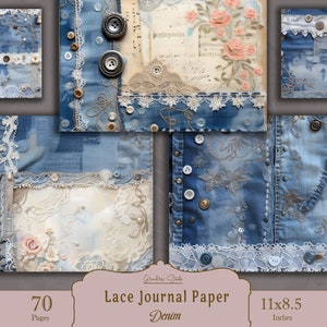 Papier journal denim shabby chic, lacets décoratifs et ornements, kit de journal indésirable bleu, denim et dentelle vintage, dentelle éphémère, usage commercial
