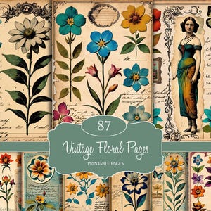 ヴィンテージフローラルジャーナルページ、アンティークフローラルペーパー、ジャンクジャーナルキット、ベーシックペーパー、印刷可能なシャビーページ、コラージュシート、スクラップブック用紙