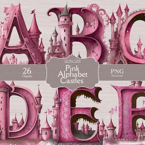 Sprookjeskastelen decoratieve alfabetletters, roze kastelen, digitale downloads kunst, prinses ClipArt, sprookje png, ongewenste tijdschriften, scrapbooking