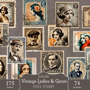 May include: A collection of vintage-style faux postage stamps featuring portraits of men and women in historical attire. The stamps include various numerical denominations and decorative borders in sepia, blue, and orange tones, labeled Vintage Ladies & Gents.
