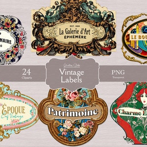 Clipart étiquettes Français vintage, imprimable, fond transparent, étiquette ancienne, art étiquette parisienne, stickers Français victoriens, numérique