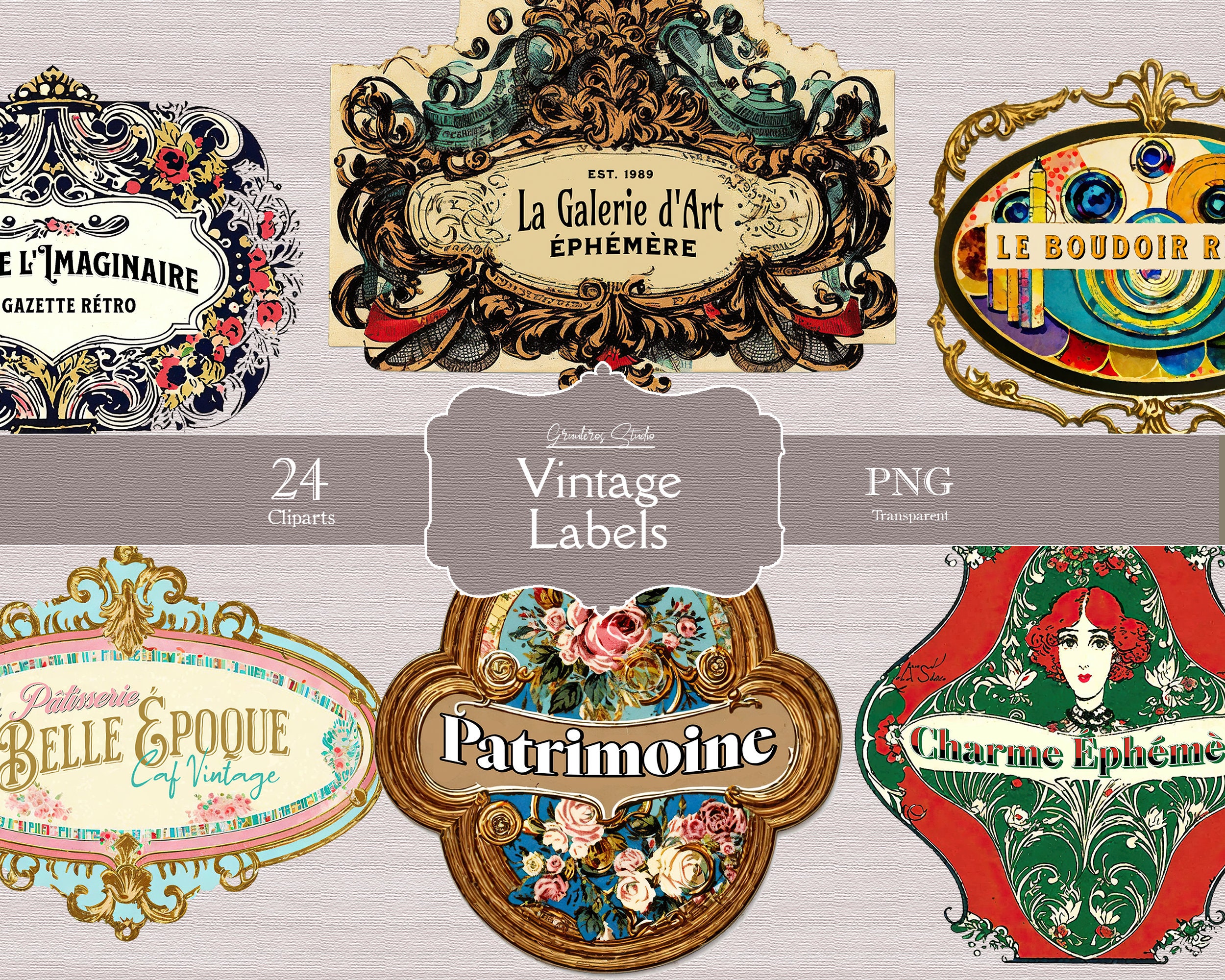 Vintage French Labels Clipart, printable, Transparent background, Antique Label, Parisian Label Art, Victorian French Stickers, digital