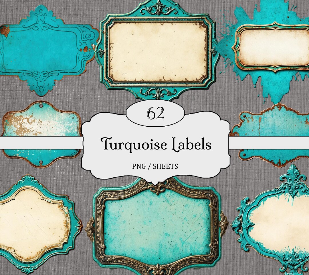 Torned Labels Turquoise Vintage Labels PNG & Sheets Bundle, Ornate Frame Ephemera ...