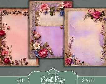 Elegant vintage floral writing papers in pink, cream and purple. Perfect for journaling, scrapbooking, and crafts. Printable Pages