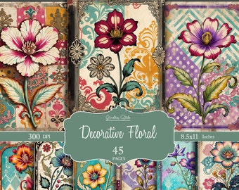 Decorative Flowers, Journal Pages, Art Nouveau Florals Digital Paper, Ornate Designs, Vintage Floral, Victorian Scrapbook, Digital Papers