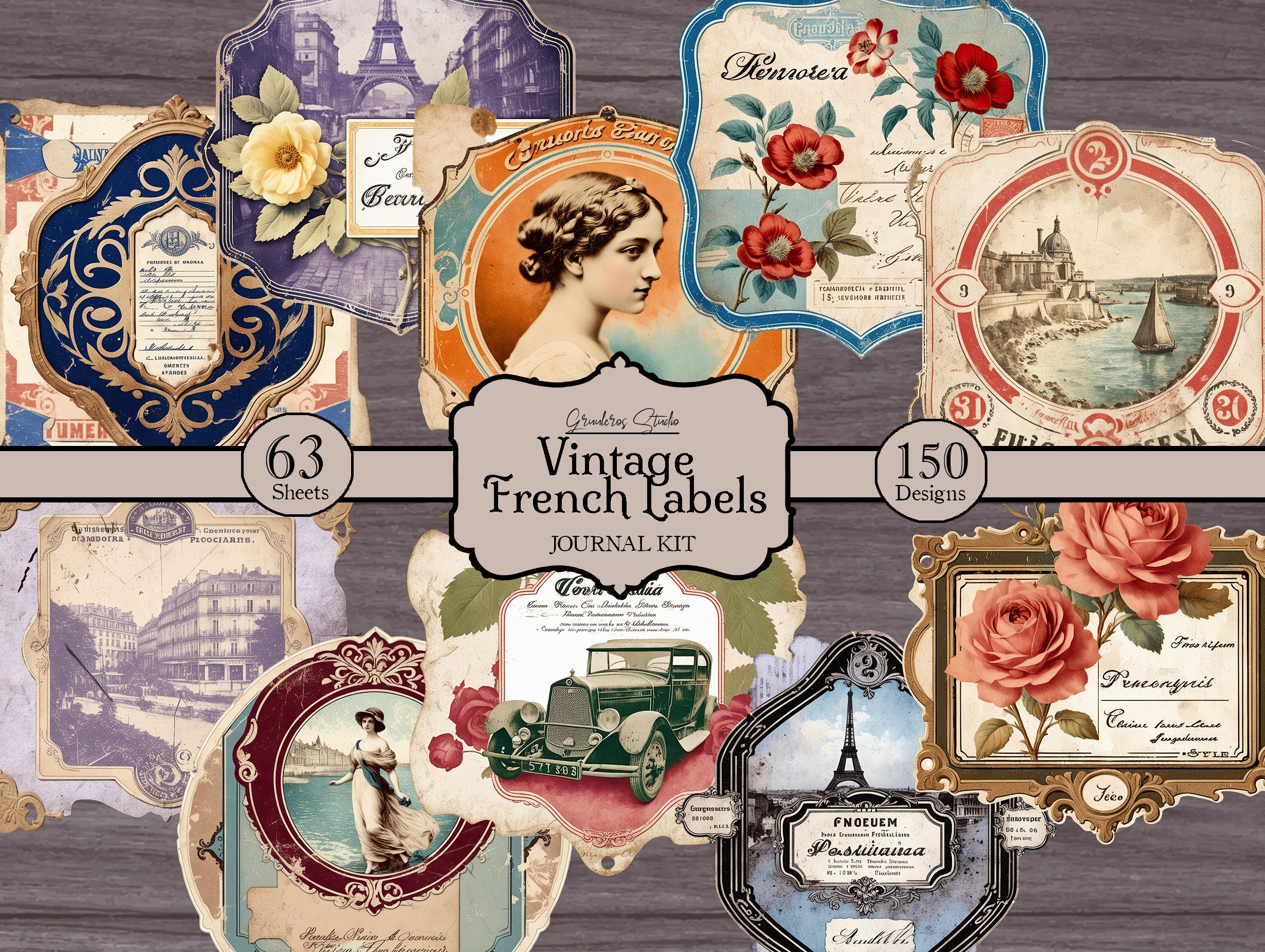 French Ephemera Labels, Digital Collage Sheet Download, Digital Paper ...
