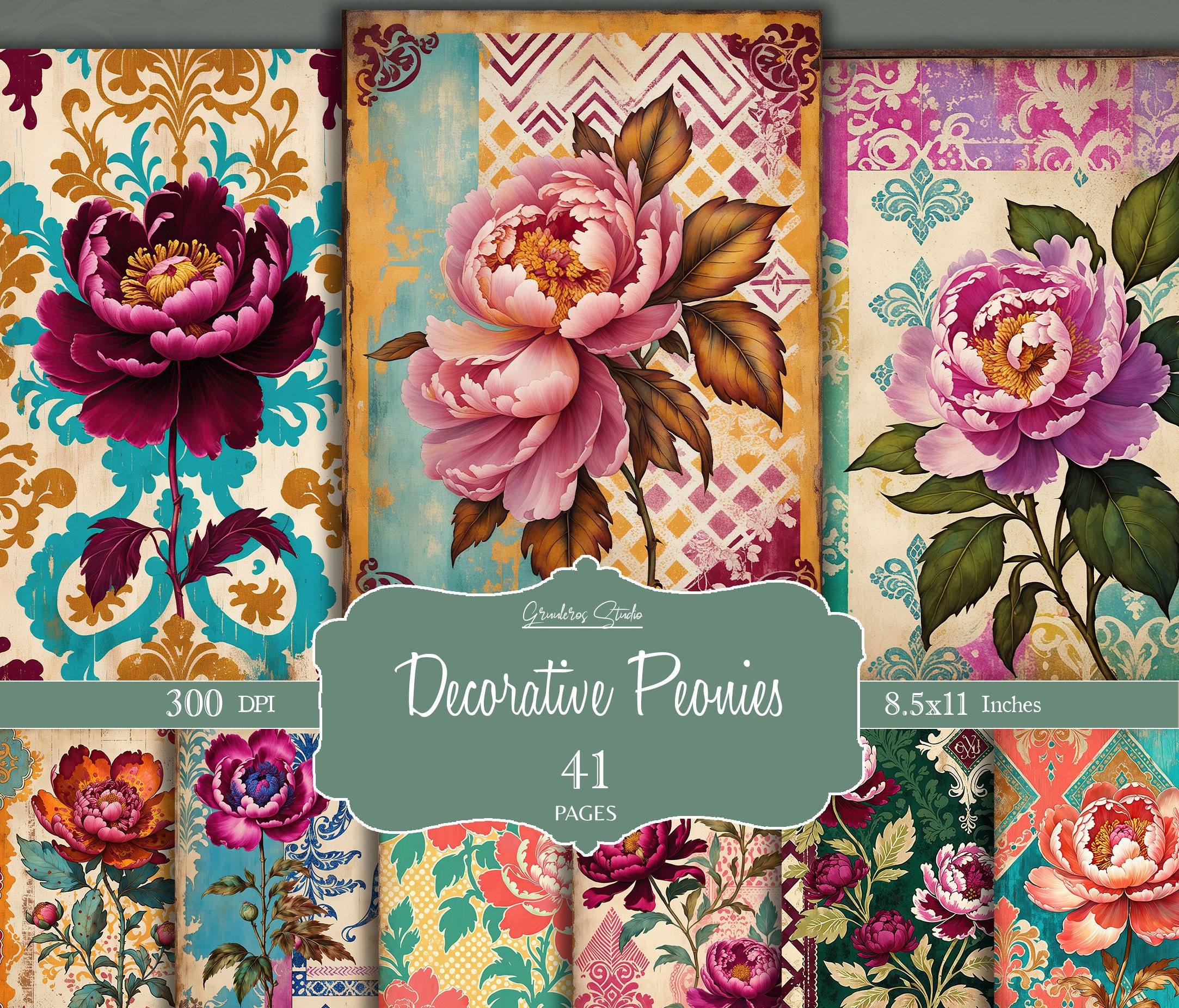 Vintage Peony Printable, Peony Paper, Grunge Floral, Journal Kit, Journal Pages, Scrapbooking, Junk Journal Supplies, Ephemera Patterns