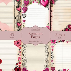 Hearts Stationery, Printable Stationery, Romantic Pages, Love Letter, Valentine, Letter Writing, Romantic Hearts Junk Journal Pages