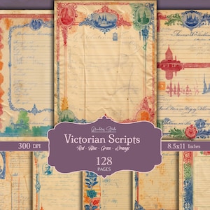 Papeles digitales con escritura victoriana, caligrafía efímera de estilo manuscrito vintage para diarios, scrapbooking y collages.