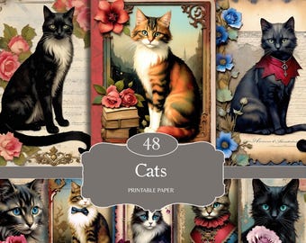 Cat Junk Journal, Antique Kittens, Vintage Cats, Junk Journal Kit, Digital Prints, Ephemera collage, Printable Cats, ATC, Scrapbook Paper