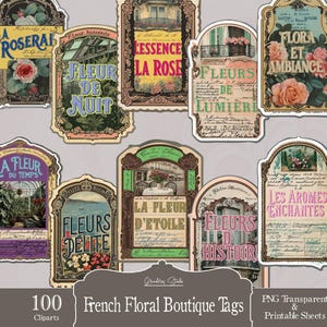 Franse junk-dagboeklabels, afdrukbare vintage labels, bloemenlabels, efemere, tijdschriftbenodigdheden, papierkunst, tags, digitale collage, download