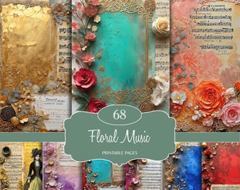 Vintage floral printable junk journal paper, music sheets, Romantic pages, Vintage floral journal, flower garden paper, Shabby chic