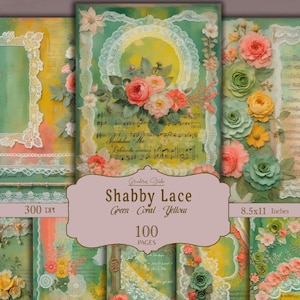 Green lace junk journal kit with shabby vintage style. Printable floral papers and collage sheets in green, coral, yellow. digital download