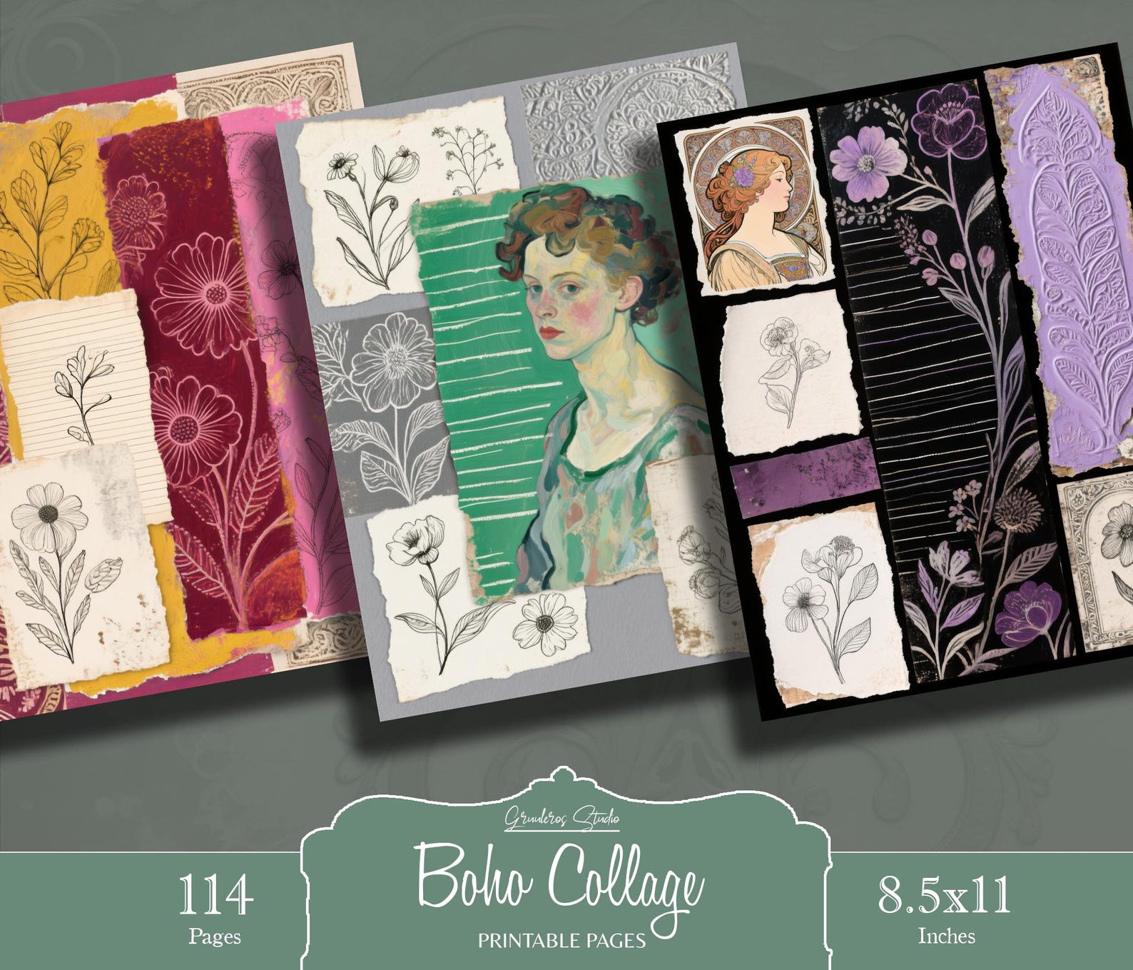 Boho Collage Junk Journal Printable Pages and Notes Sheets, Floral ...