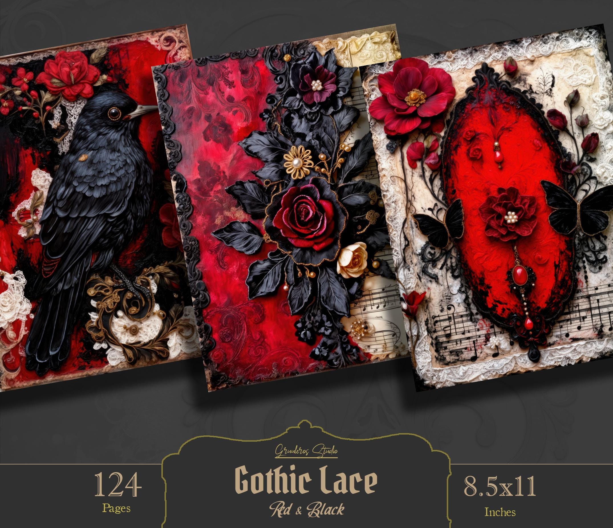 Gothic Lace Junk Journal Kit Red Black | Dark Romantic Ephemera ...