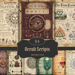 May include: A collection of 84 printable pages featuring occult scripts, grimoire illustrations, and esoteric diagrams. The pages display detailed graphics of the Eye of Horus, the four elements, solar correspondences, and various mystical symbols.