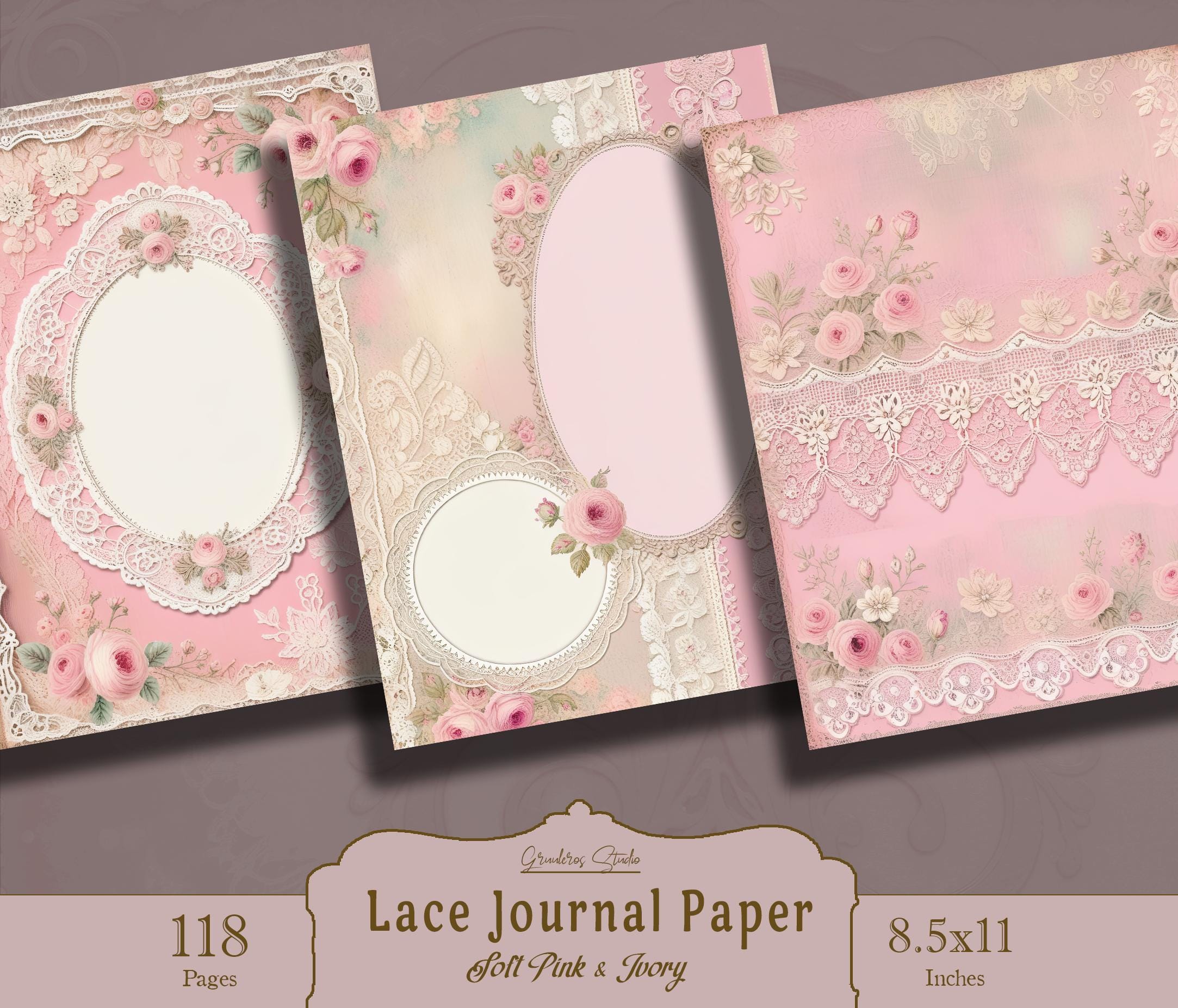 Vintage Pink Lace Junk Journal Pages, Printable Antique Lace Paper ...