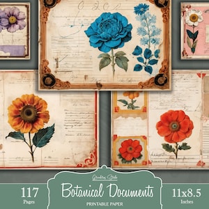 Botanical Junk Journal Paper, Botanical Ephemera, Botanical Digital, Printable Journal Pages, Scrapbook Paper Kit, Floral Document Pages