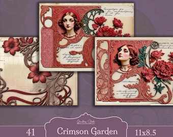 ヴィンテージの赤いバラ、ダブルジャンクジャーナルのデジタルページ