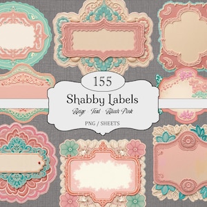 May include: A collection of 155 Shabby Labels in beige, teal, and blush pink. The labels feature ornate frames and decorative floral elements. The image includes the text "Shabby Labels" and "PNG / SHEETS".