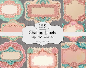 Shabby Chic Label Clipart: Teal, Beige, Pink Ephemera (PNG & PDF)
