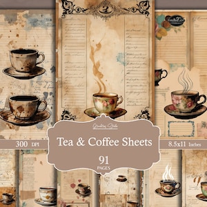 lot de pages de journal indésirable café vintage, journal de thé, boisson imprimable, pages de scrapbooking numérique, journal indésirable vintage, café éphémère