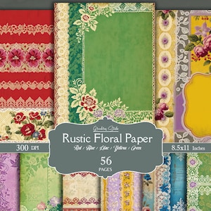 Papel digital, paquete de papel digital para álbumes de recortes con motivos florales Shabby Chic, rojo, azul, lila, amarillo, verde, decoupage, papeles florales, descarga instantánea