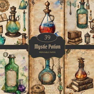 Puede incluir: Un collage de ilustraciones en acuarela con varias botellas de pociones, viales y libros antiguos. El texto "39 Mystic Potion Printable Paper" se muestra sobre un fondo oscuro. La paleta de colores incluye verdes, azules y marrones.