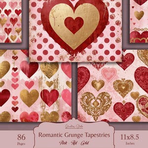 Valentine&#39;s Day digital paper pack with heart patterns, scrapbook pages, junk journal sheets, Grunge, heart backgrounds. Instant download