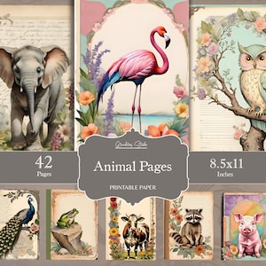 Páginas de diário de animais adoráveis, kit de papel para scrapbook digital, páginas para impressão, folha de colagem de aquarela de madeira, itens efêmeros da natureza vintage
