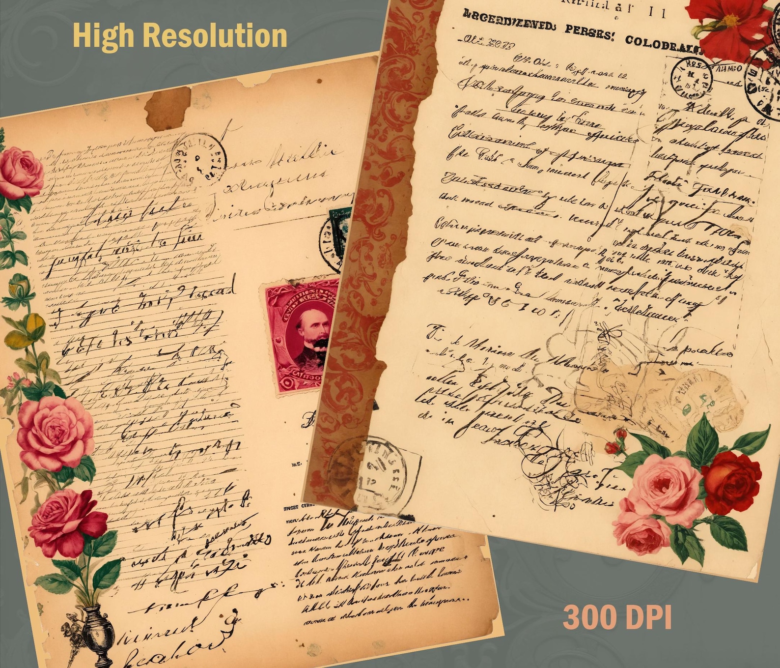 Printable Vintage Floral Ephemera Kit With Documents, Script Letters ...