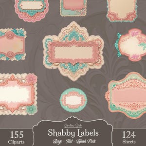 Shabby Chic Label Clipart: Teal, Beige, Pink Ephemera (PNG & PDF)