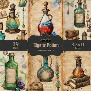 Pagina del diario spazzatura gotico dell'acquerello di pozione mistica, kit di carta per album digitale, libro degli incantesimi magici del farmacista carta alchemica stregata stampabile