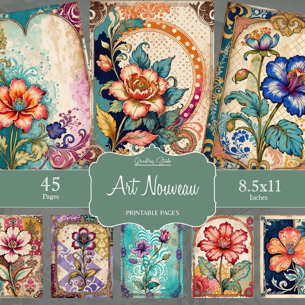Art Nouveau Flowers, Journal Pages, Art Nouveau Florals Digital Paper, Ornate Designs, Vintage Floral, Victorian Scrapbook, Digital Papers