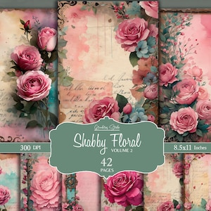 Diario Basura, Estilo Shabby Chic, Páginas de Diario, Floral Rosa, Creación de Tarjetas, Floral Romántico, Creación de Etiquetas, Papel Digital, Papel de Álbum de Recortes