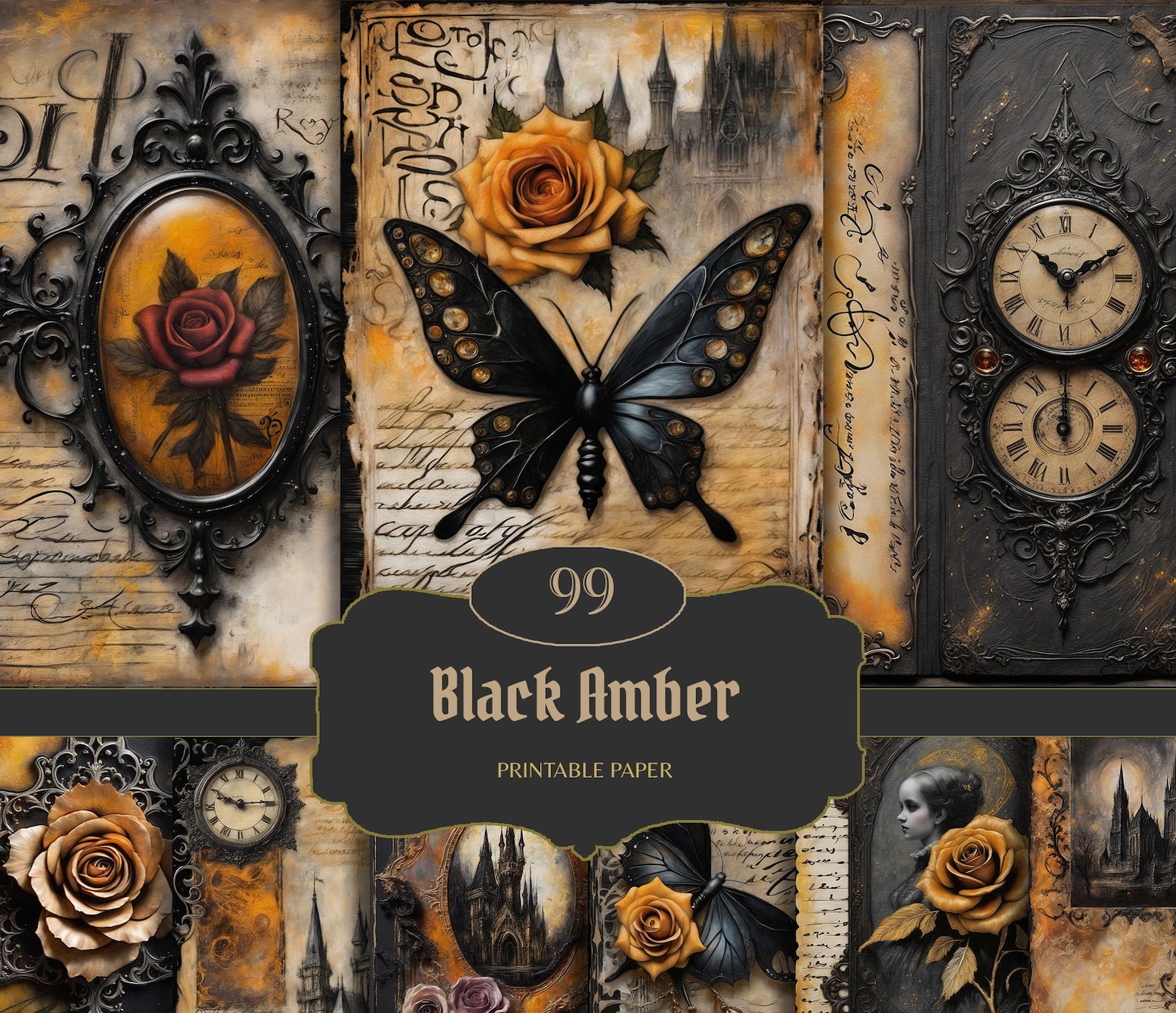 Amber Gothic Junk Journal Pages, Digital Scrapbook Paper Kit, Victorian ...