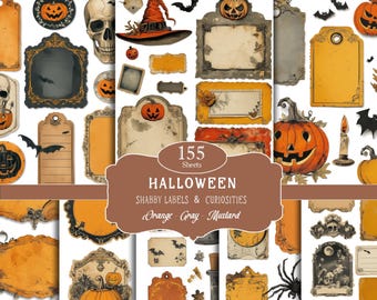 Digital Halloween Cutouts Labels & Tags, Vintage Fall Pumpkins Ephemera, Spooky Printable Junk Journal Autumn Embellishments