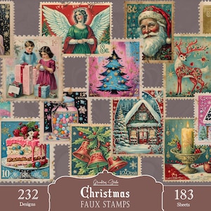 Printable Christmas Faux Stamps, Vintage Ephemera for Junk Journals, Scrapbooking, Digital Collage Sheets, Christmas Craft Supplies